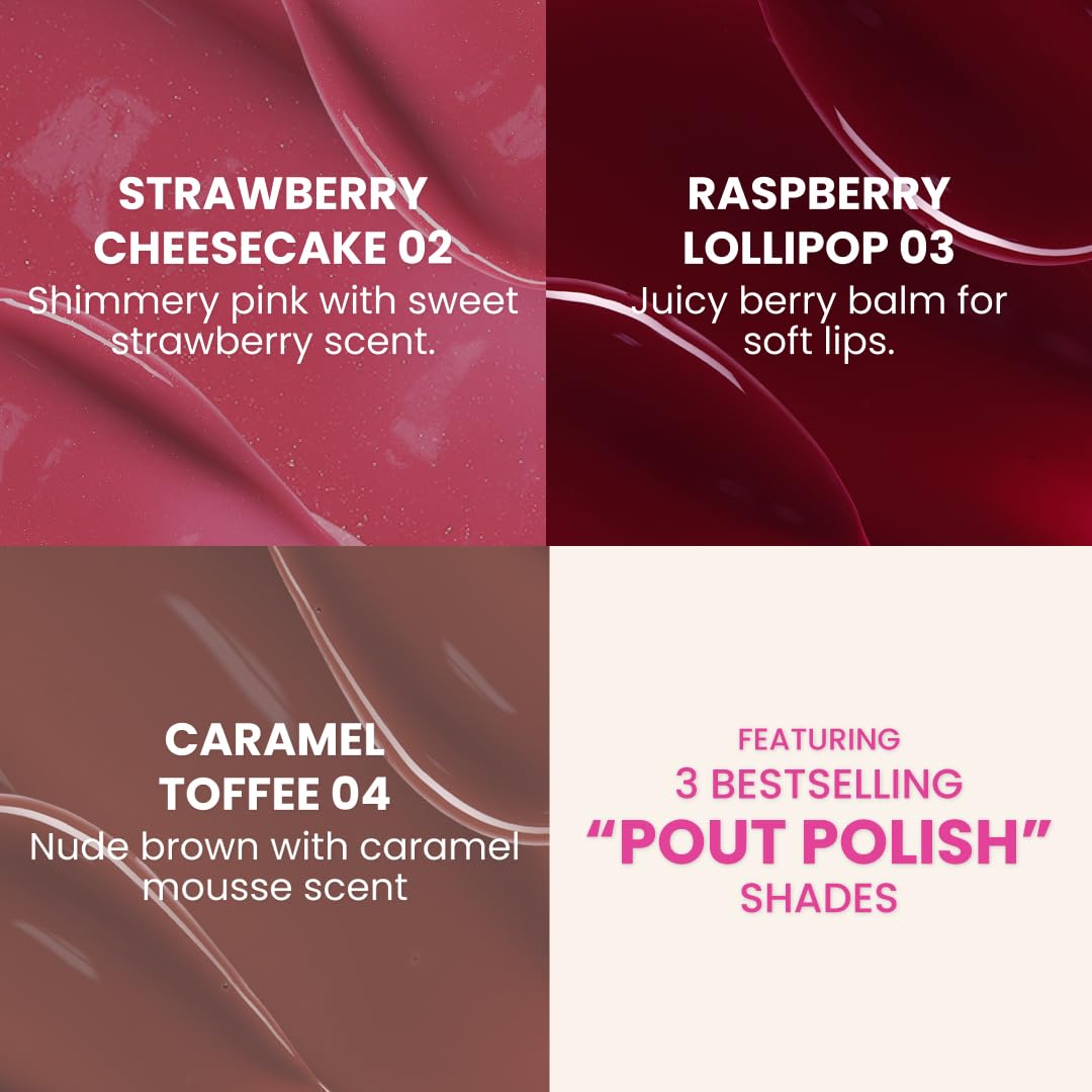 Typsy Beauty Pout & Polish Lip Balm Kit Trio | Hydrating with Peptides & Collagen | Deep Moisture with Cooling Metal Applicator | Strawberry Cheesecake, Raspberry & Caramel Toffee | 8ml