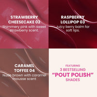 Typsy Beauty Pout & Polish Lip Balm Kit Trio | Hydrating with Peptides & Collagen | Deep Moisture with Cooling Metal Applicator | Strawberry Cheesecake, Raspberry & Caramel Toffee | 8ml