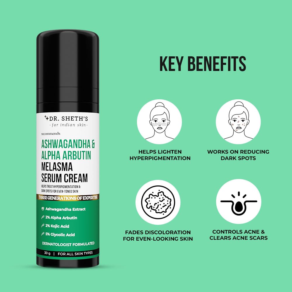 Dr. Sheth's Ashwagandha & Alpha Arbutin Melasma Serum Cream- 30G |For Hyperpigmentation, Dark Spots & Sun Damage|Even Toned & Blemish Free Skin|Enriched With Glycolic Acid, Kojic Acid & Niacinamide