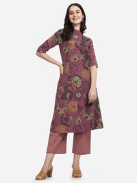 MIRCHI FASHION Women's  Cotton Bagru Printed A-Line Kurta Set with Plazzo Pant L Grey, Pink
