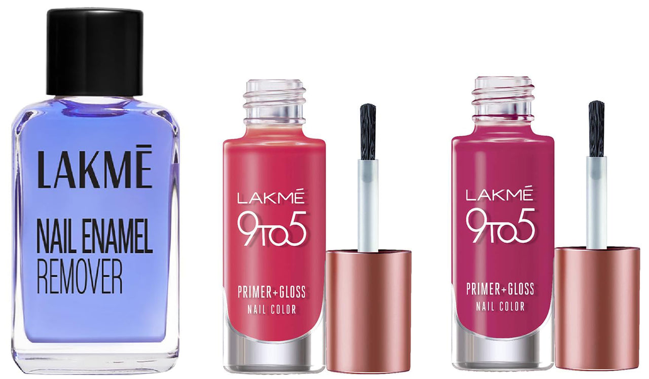 Lakmé 9 To 5 Primer + Glossy Finish Nail Colour & Lakmé Nail Color Remover, 27ml & Lakmé 9 To 5 Primer + Glossy Finish Nail Colour, Magenta Mix, 6 Ml