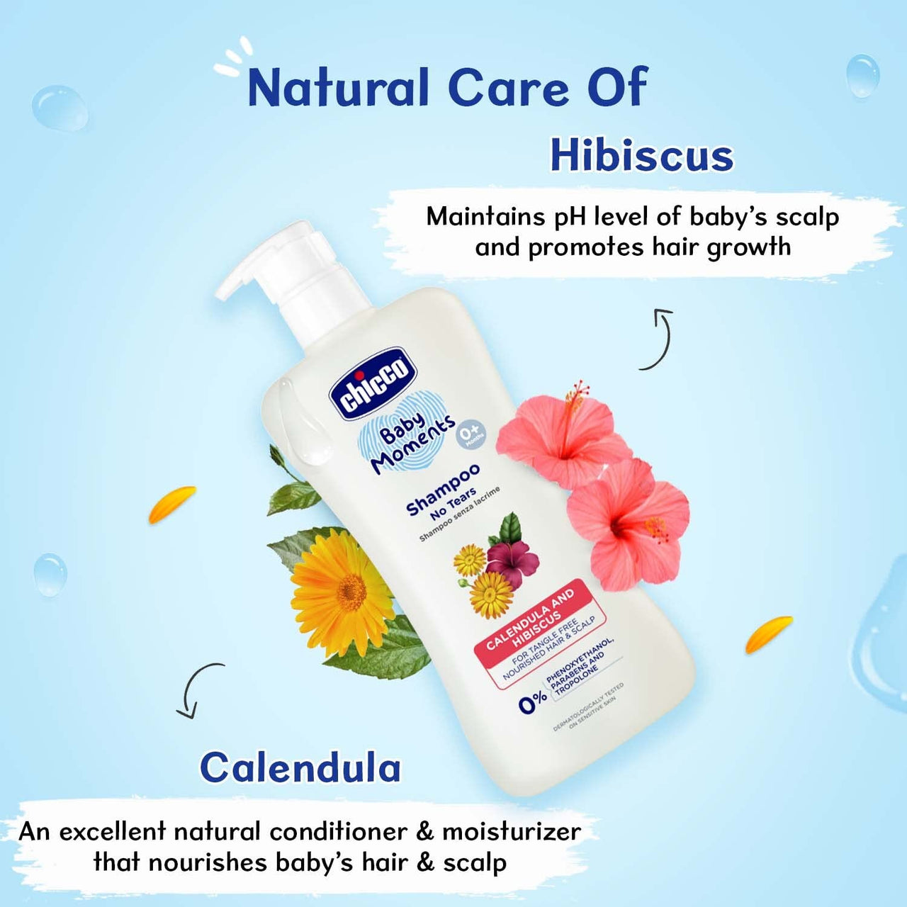 Chicco Baby Moments Shampoo for Babies with Calendula & Hibiscus, 100 ml| No Tears Formula|For Soft & Smooth Hair|Dermatologically Tested|Parabens & Phenoxyethanol Free (Pack of 2)