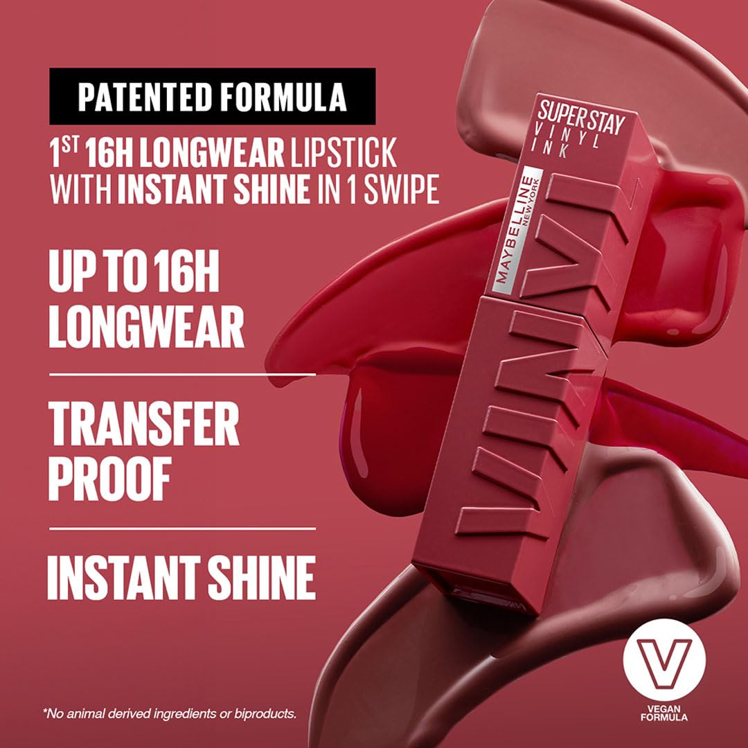 Maybelline New York SuperStay Vinyl Ink Liquid Lipstick - Striking, Instant Shine & Transfer Proof. SuperStay Vinyl Ink Liquid Lipstick Last Up To 16 Hours, Enriched With Vitamin E | 4.2ml