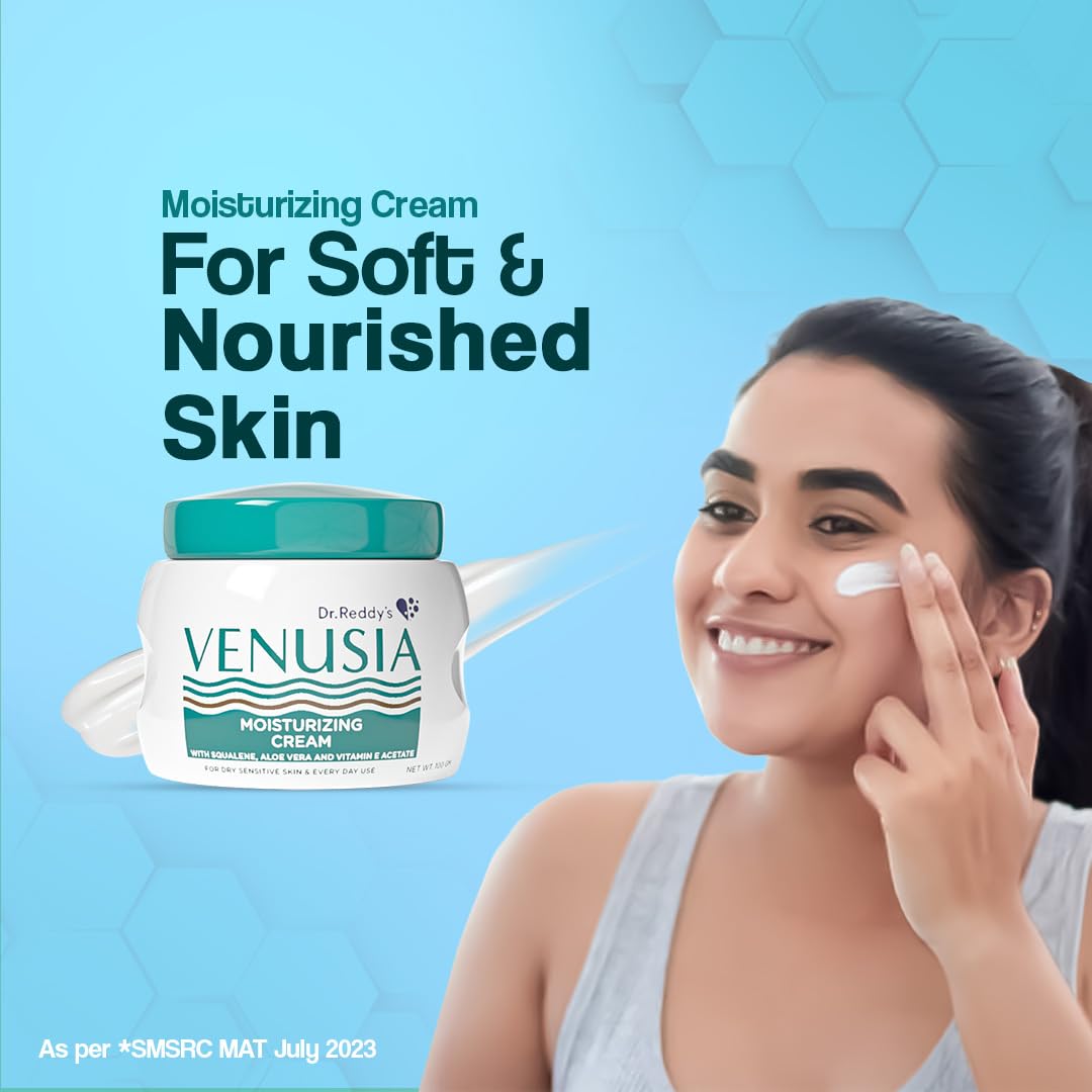 Venusia Moisturizing Cream by Dr. Reddy's  I Body & face cream for dry to very dry skin IWith Aloe Vera, Vitamin E and Squalene I Upto 24 hrs hydration I Non comedogenic, Non greasy I 100g