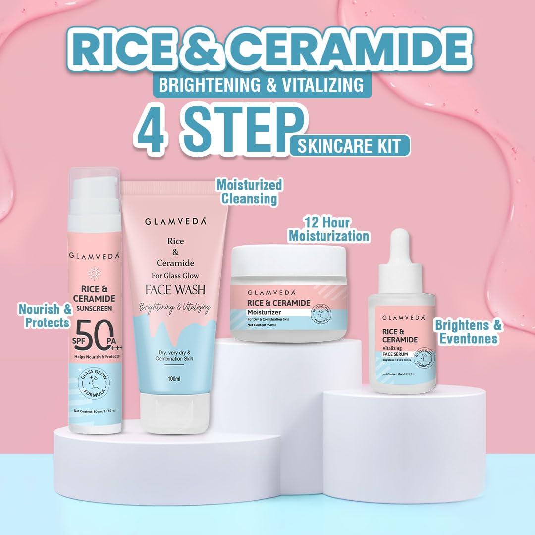 Glamveda Rice & Ceramide Morning 4 Step Skincare Routine For Women with Gift Box | Face Wash, Serum, Moisturizer & Sunscreen