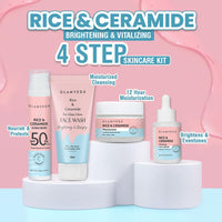 Glamveda Rice & Ceramide Morning 4 Step Skincare Routine For Women with Gift Box | Face Wash, Serum, Moisturizer & Sunscreen