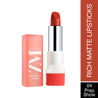 ZM Zayn & Myza Rich Matte Lipstick | Smooth and Light Weight | Intense Color in one Swipe | High Pigmentation Bullet Lip Stick Enriched with Argan oil, Murumuru and Shea Butter, (Prep Show, 4.2 G)