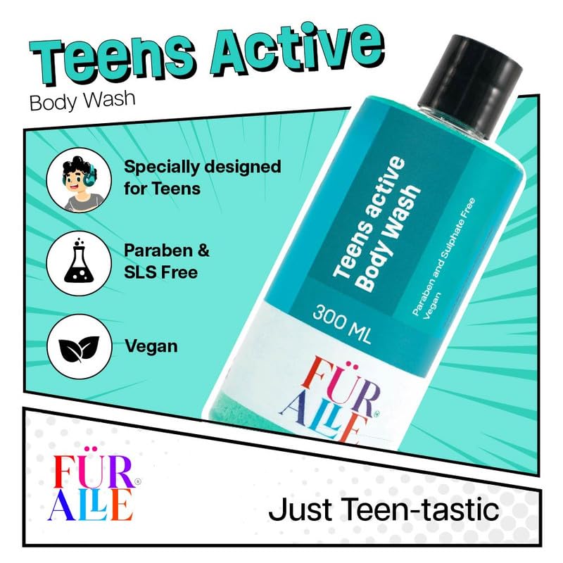 FurAlle Teens Active Body Wash 300ml | Natural Bodywash with Aloe Vera, Watermelon, Cucumber & Green Tea Extracts | Refreshing Bodycare for Teen Boys & Girls | Gentle Daily Shower Gel for Kids