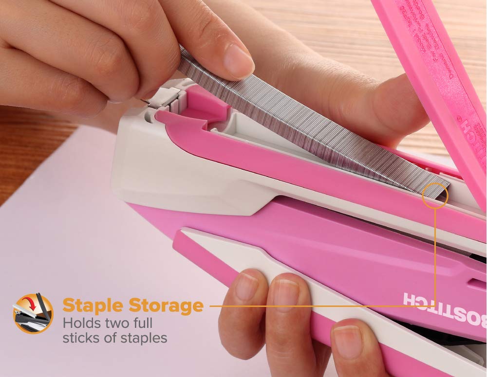 Bostitch Office InPower Spring-Powered Desktop Stapler, 20 Sheet Capacity, One Finger Stapling, Includes 210 Staples, Jam Free, Opens for Tacking, Breast Cancer Awareness Pink