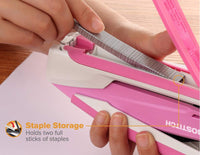 Bostitch Office InPower Spring-Powered Desktop Stapler, 20 Sheet Capacity, One Finger Stapling, Includes 210 Staples, Jam Free, Opens for Tacking, Breast Cancer Awareness Pink
