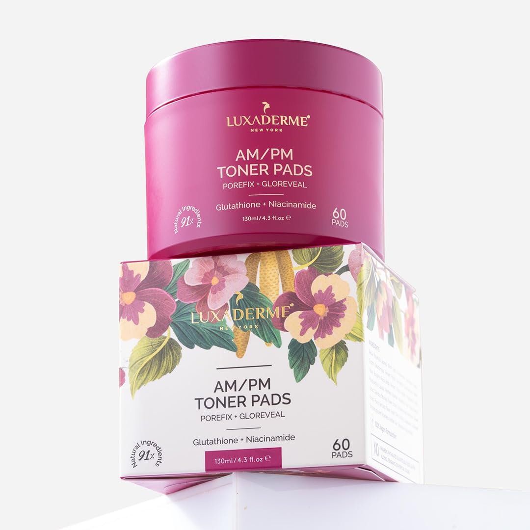 LuxaDerme Korean AM/PM Toner Pads | Remove Impurities & Tighten Pores | Even tone & Hyrdated Skin | Achieve Korean Glass Skin Glow | 91% Natural Ingredients with Niacinamide, Gluathione & Astaxanthin | 60 Pads