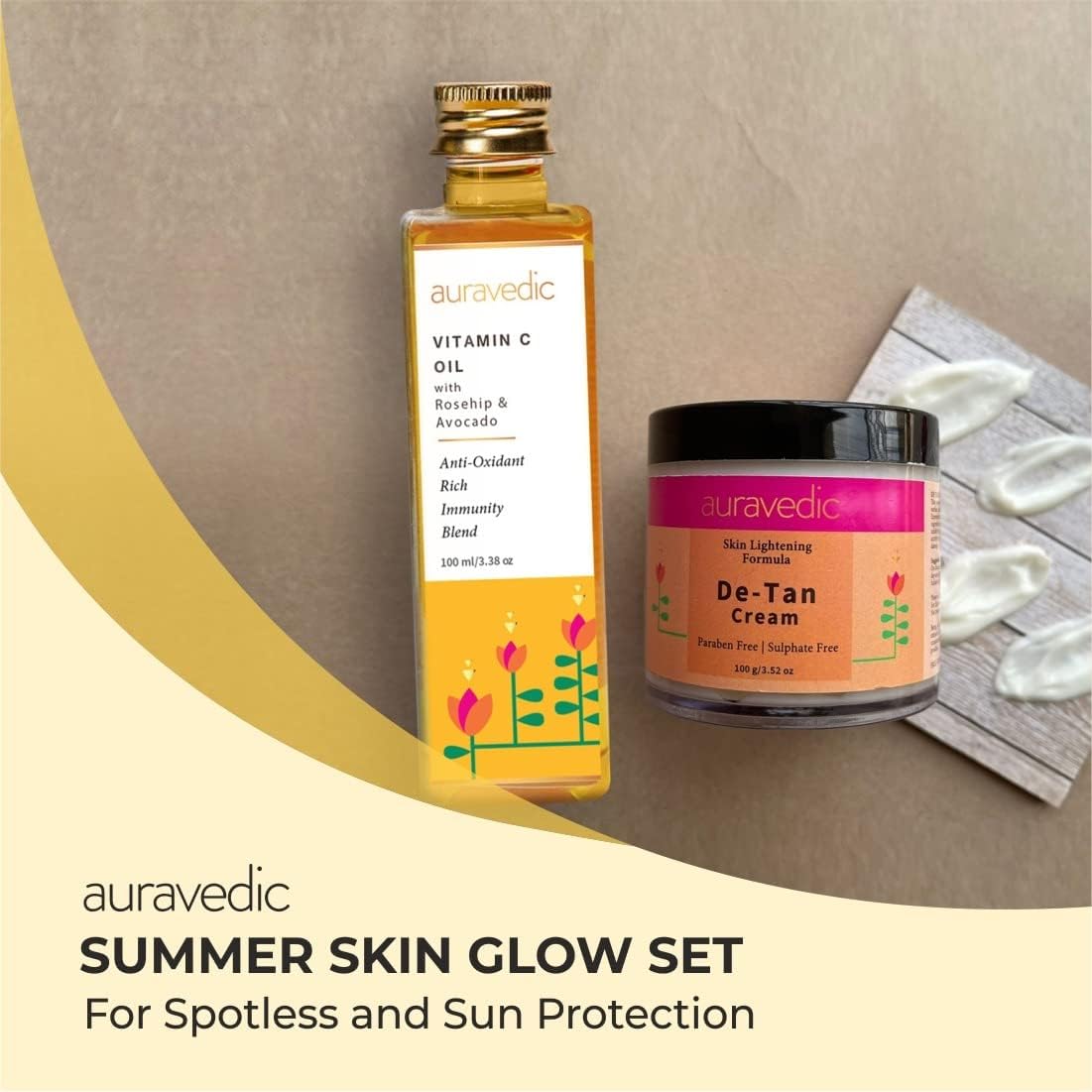 Auravedic Vitamin C Glow & De-Tan Combo, Face Oil (100ml) & De-Tan Cream (100gm) With Rosehip, Turmeric & Licorice,Brightening & Spotless Skin Care,Natural & Paraben-Free.