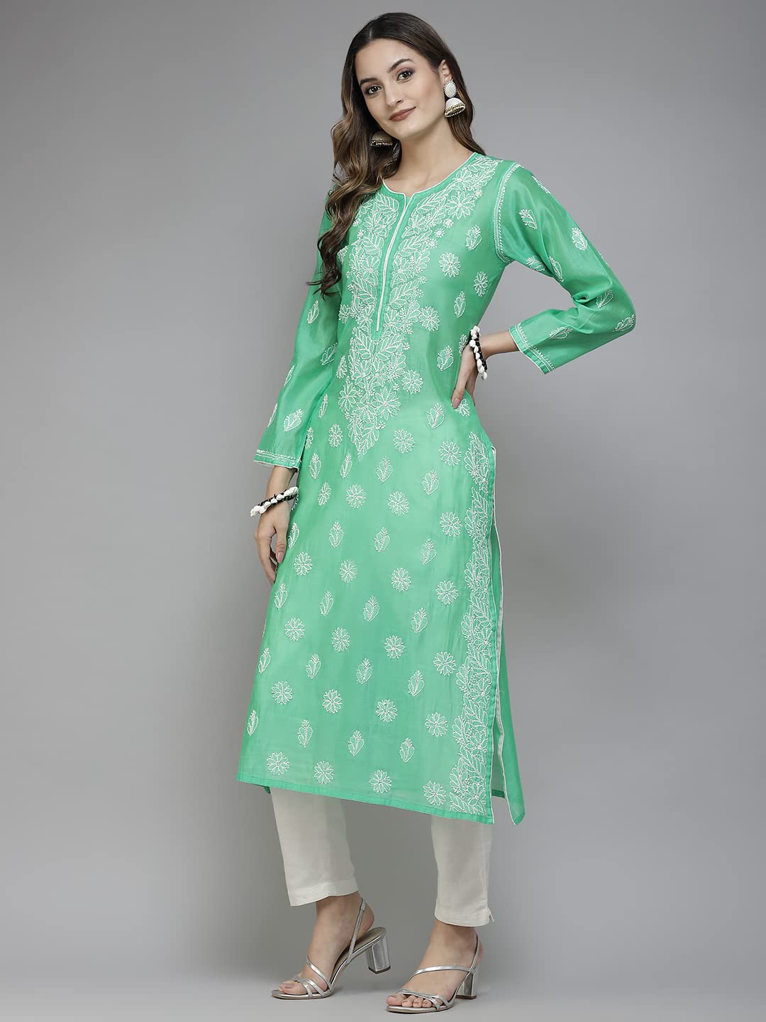 Ada Hand Embroidered New Lucknowi Chikankari Chanderi Kurta Kurti for Women A411175