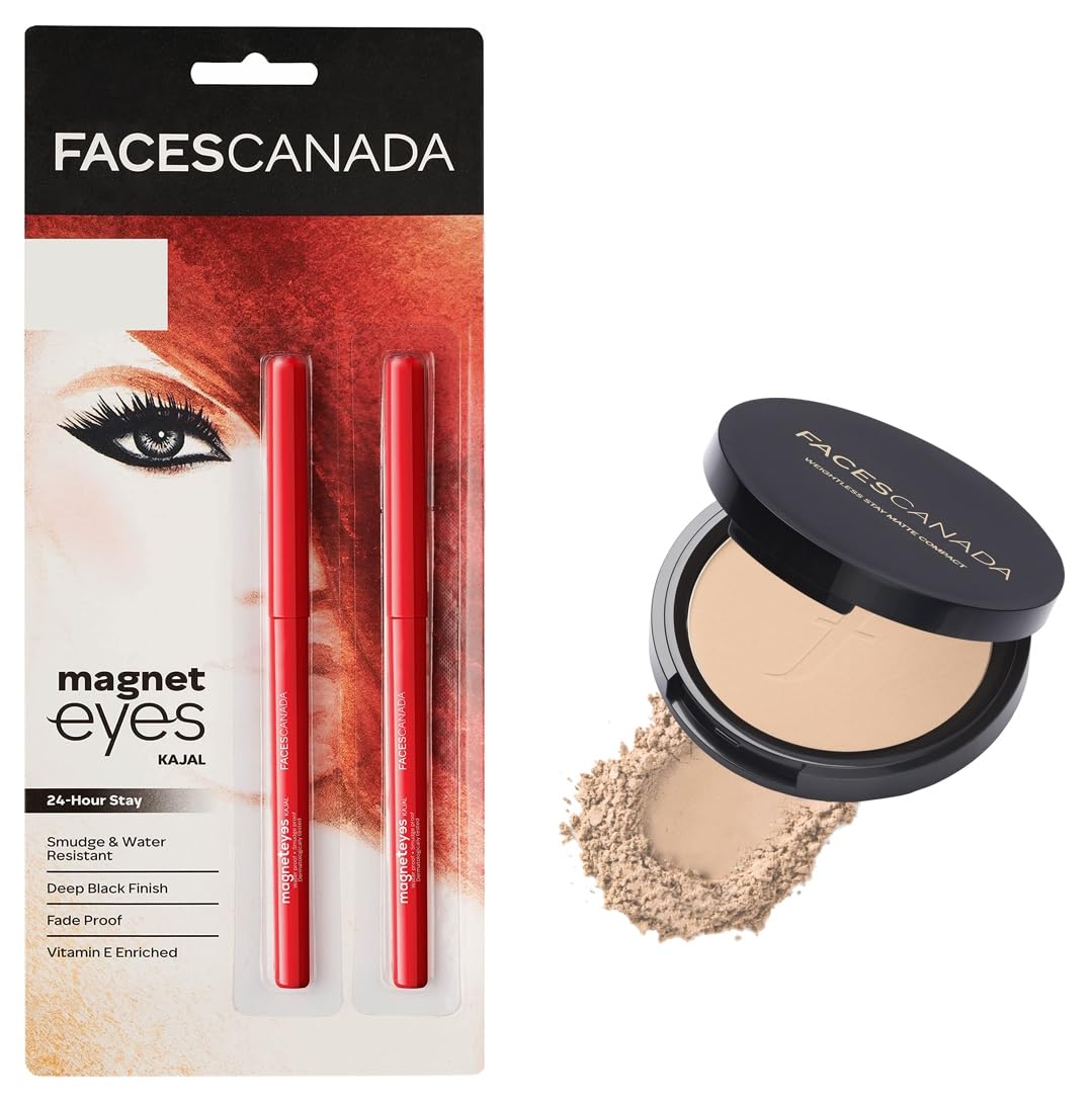 FACESCANADA Magneteyes Kajal- 2 In 1 Black, Black, & Weightless Matte Compact Powder Spf 20, Enriched With Shea Butter And Vitamin E, Non Oily Matte Finish, Ivory 9Gm