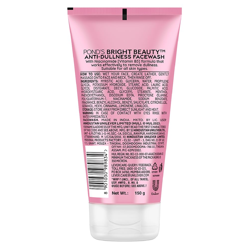 POND'S Bright Beauty Anti-Dullness & Brightening Facewash With Niacinamide | For Glass-Skin Like Shine And With 4X Visibly Brighter Skin, 150Gm