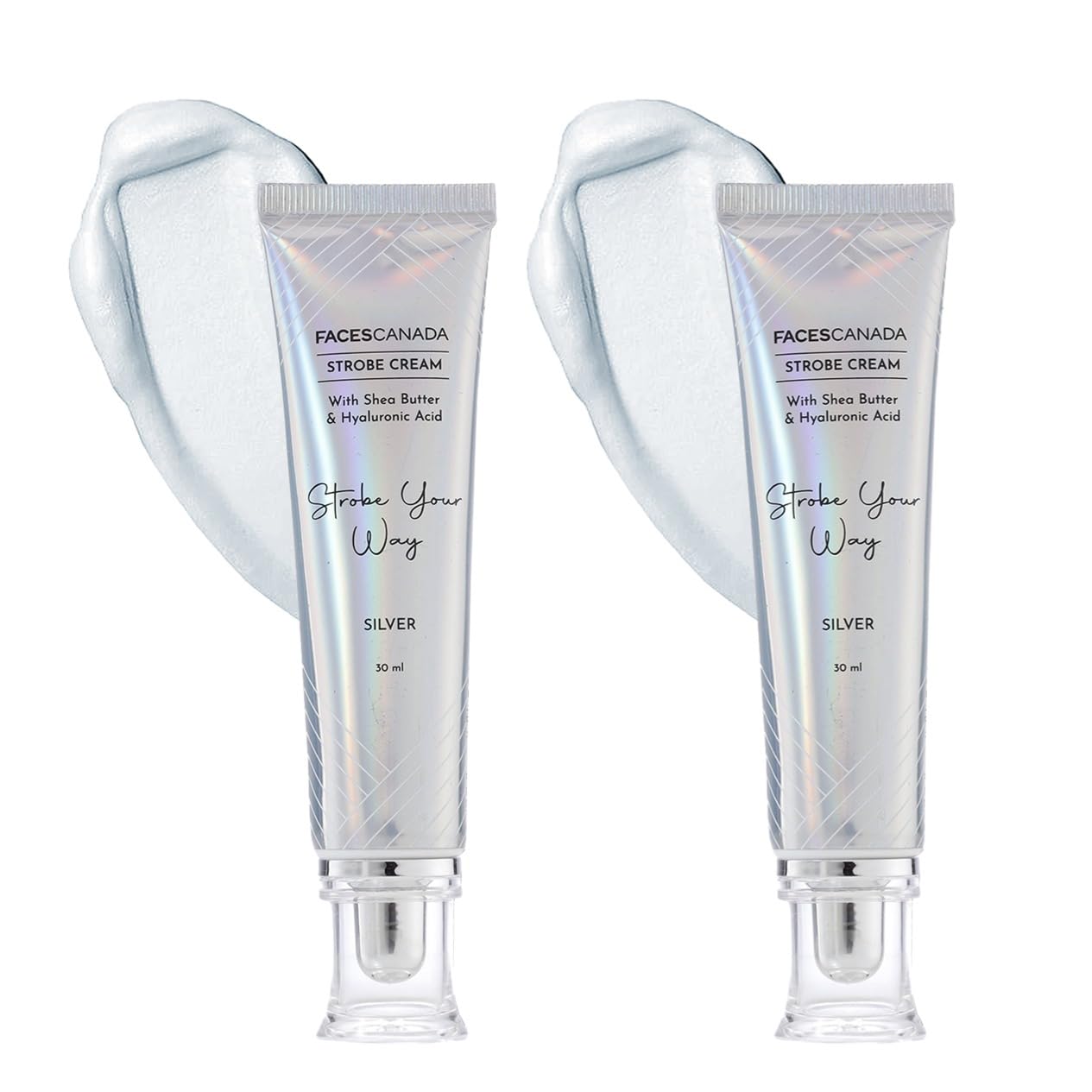 FACES CANADA Glow & Shine Strobe Cream Combo - Silver (30ml x 2) (Pack of 2) | Primer + Highlighter + Moisturizer | Shea Butter & Hyaluronic Acid | Intense Hydration | Flawless Radiant Dewy Skin | Illuminating & Glowing Makeup Base