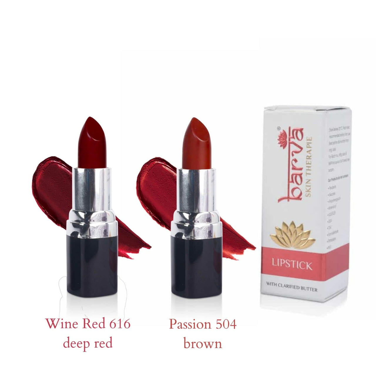 Barva Natural & Moisturising Lipsticks made using Clarified Butter, Kokum butter and Mineral Colours, 4.3g (Pack of 2) (Passion 504 & Wine Red 616)