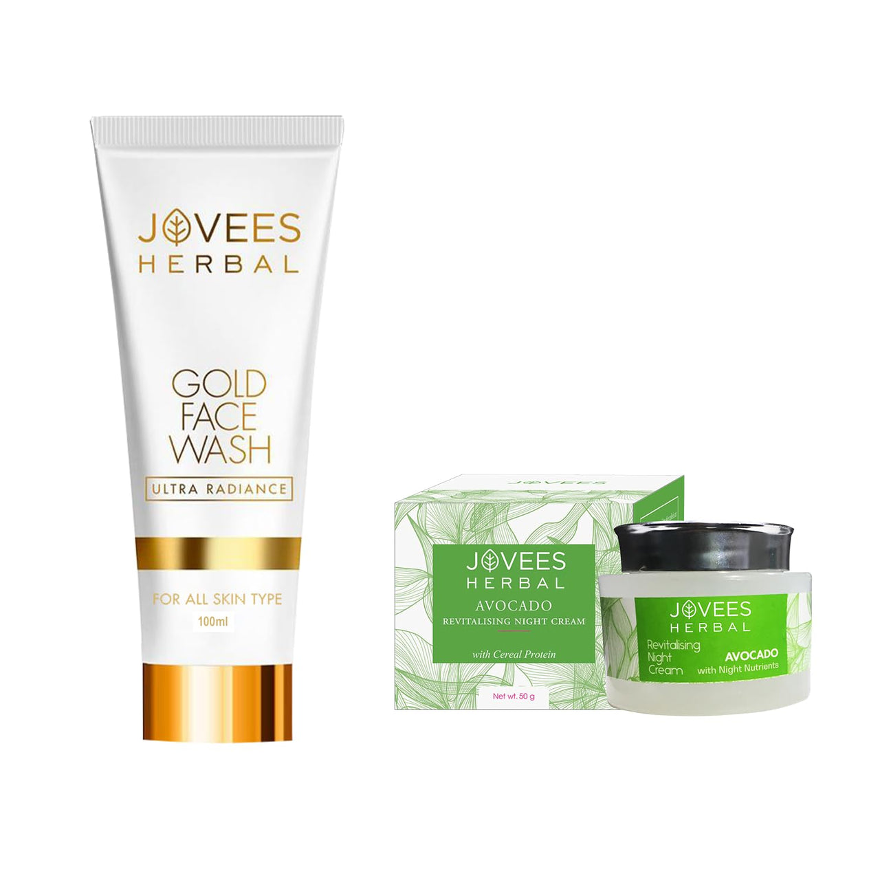Jovees Herbal Ultra Radiance Gold Face Wash 100ml | Gives Nourished & Hydrated Skin And Avocado Revitalising Night Cream 50g For Younger Looking & Glowing Skin