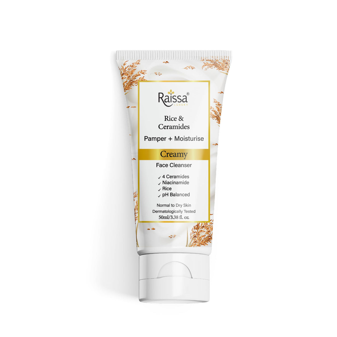 Raissa Luxury Rice & Ceramides Creamy Face Cleanser |Normal to dry Skin |Contains 4 Ceramides, Niacinamide, Rice Extract| pH Balanced, Clinically Tested, Non-irritant, Soap, Silicone, Paraben Free 50g