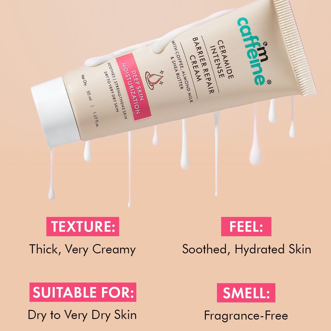 mCaffeine Ceramide Intense Barrier Repair Cream | 72Hrs Deep Skin Moisturization | Repairs & Strengthens Skin | Soothing & Creamy Moisturizer For Dry to Very Dry Skin | For Men & Women - 50ml