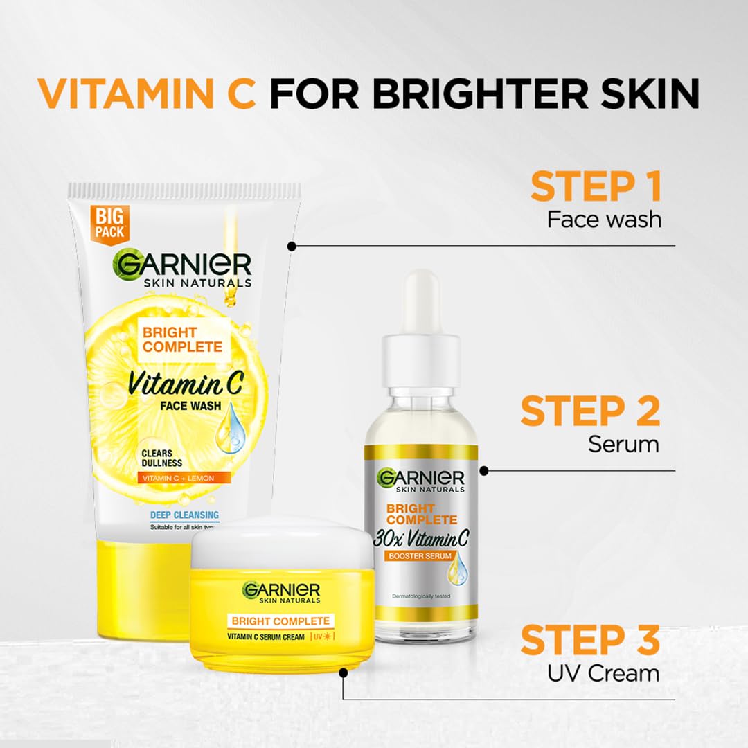 Garnier Skin Naturals, Face Serum, Increases Skin's Glow Instantly and Reduces Spots Overtime, Bright Complete Vitamin C Booster, 30 ml (Pack of 2)
