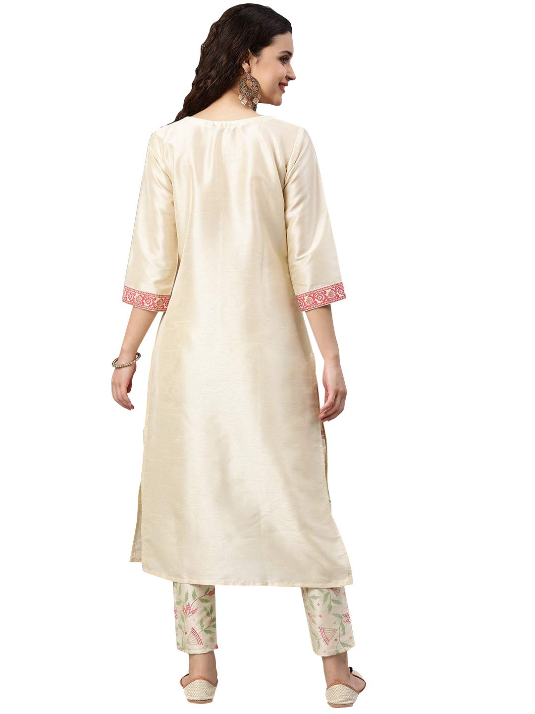 ZIYAA Women's  Off-White Poly Silk Straight Kurta and Pant Set (ZIKUPS2887ANDPA-3XL_Off-White_3XL)