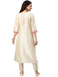 ZIYAA Women's  Off-White Poly Silk Straight Kurta and Pant Set (ZIKUPS2887ANDPA-3XL_Off-White_3XL)