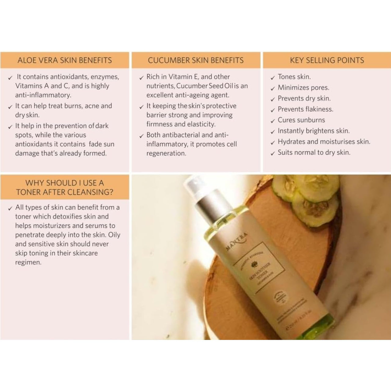 Mantra Herbal Skin Soother Toner with Cucumber & Aloe Vera – Hydrating, Soothing, Anti-Aging, Reduces Acne & Pores - 250ml