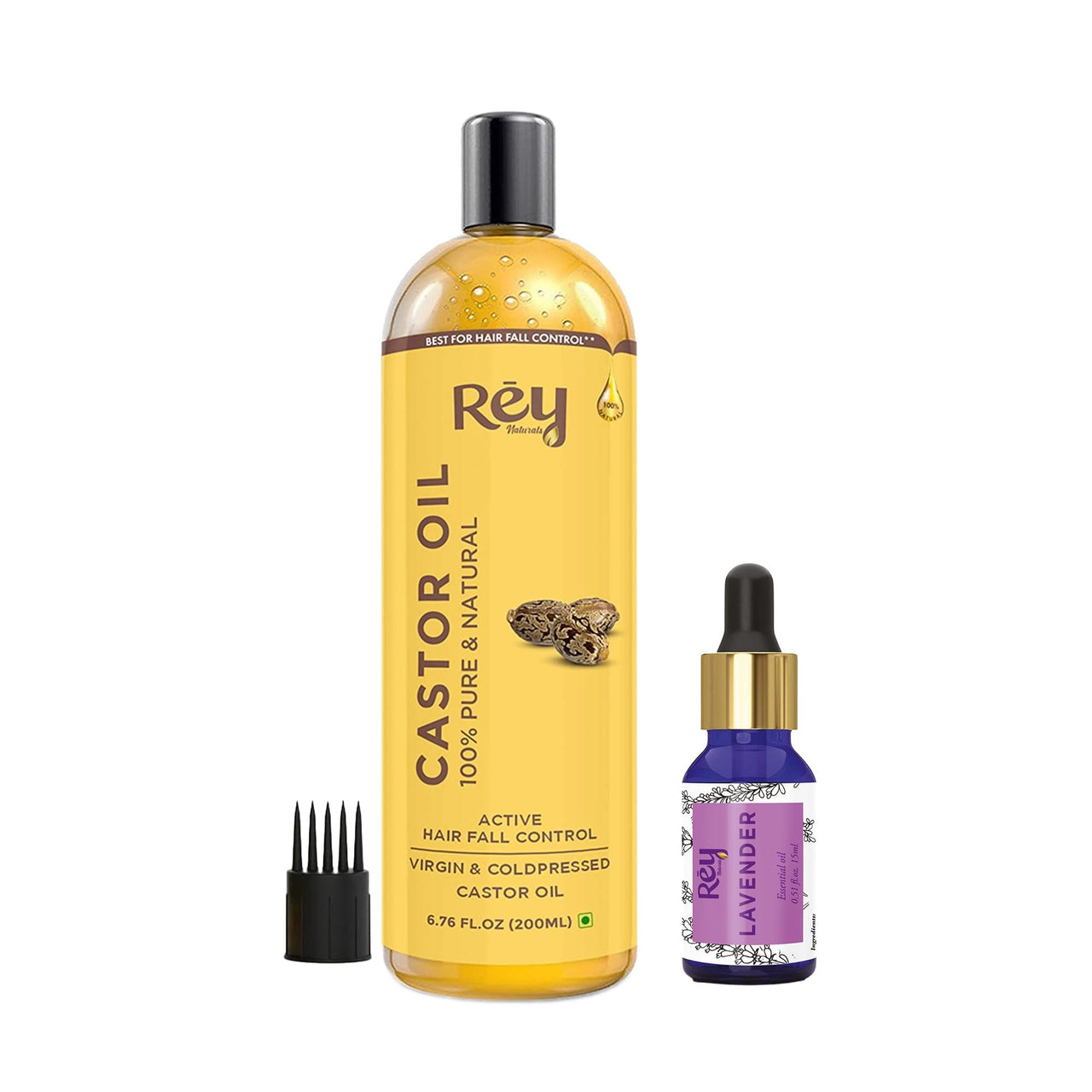 Rey Naturals Lavender Essential Oil & Cold Pressed Castor Oil For Hair Growth, Stress Relief, Aromapathy & Diffuser (Arandi Ka Tel)(200Ml+15Ml) | Hair Oil For Hair Fall Control, Shiny & Smooth Hair