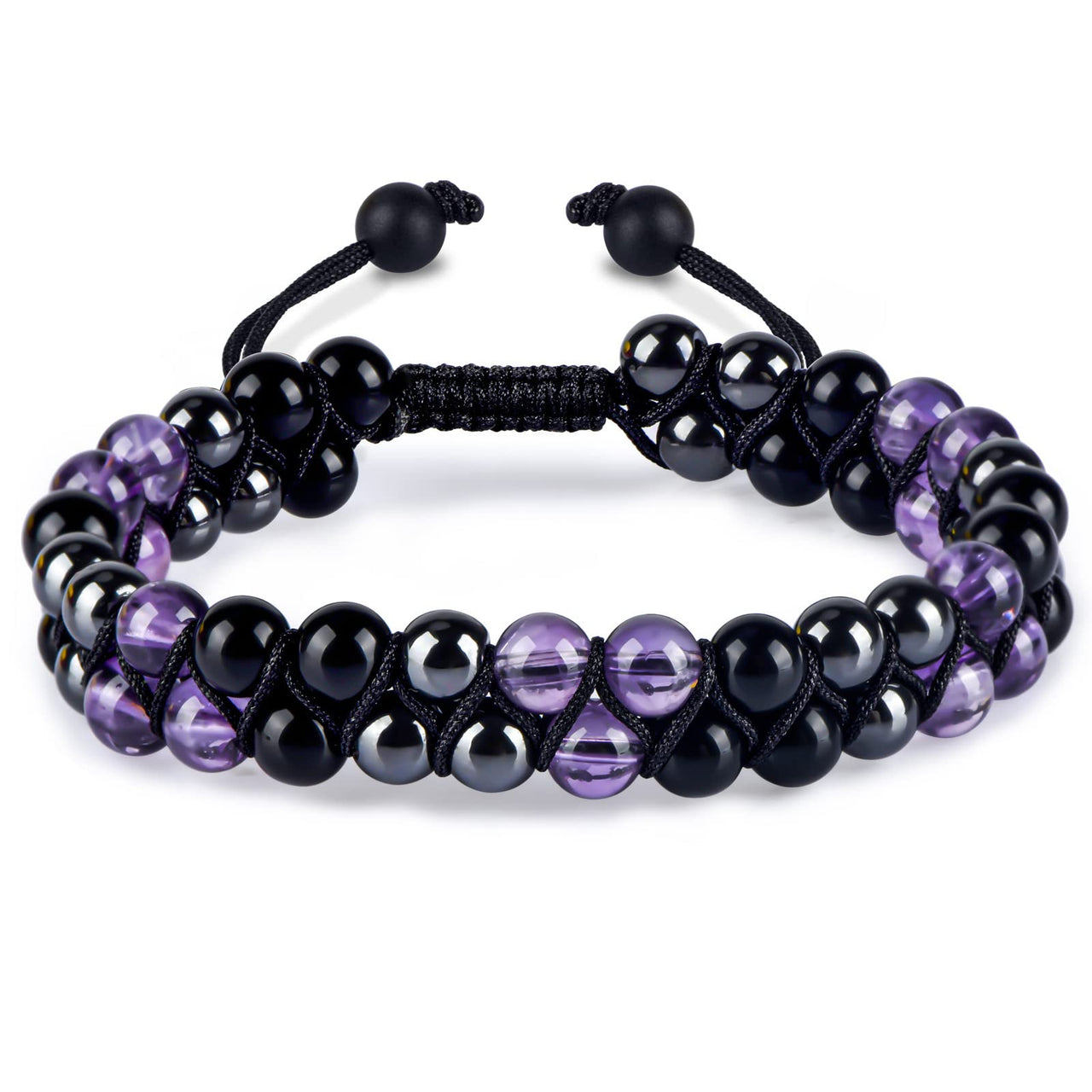 Triple Protection Bracelet for Women, Genuine Healing Crystal Bracelet Amethyst Black Obsidian Hematite 6mm, Pyramid Energy Crystal Beads Bracelet for Protection and Balance