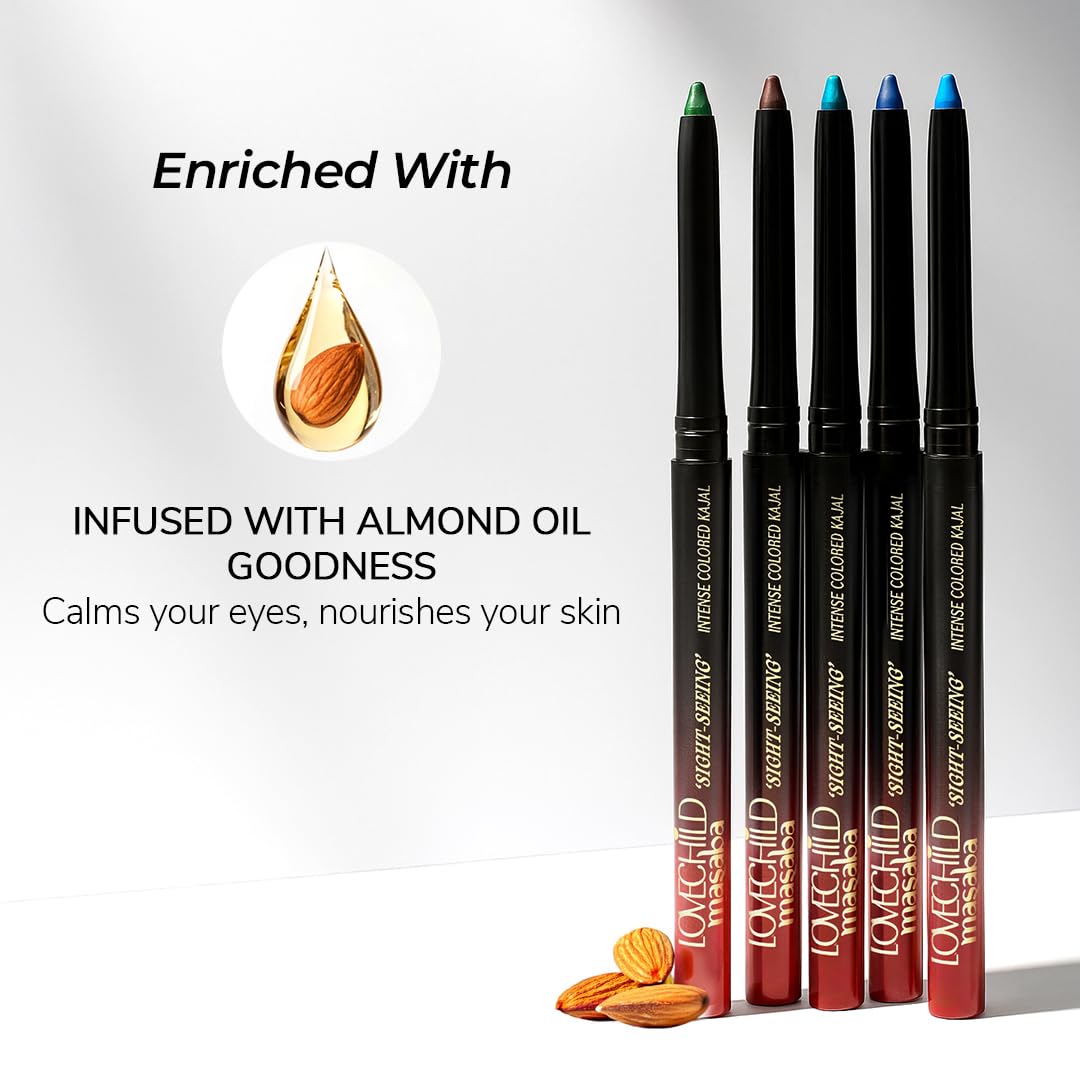 LoveChild Masaba Colored Kajal, Spicy Shimla (Green)- Intense Color, Smooth Glide, Waterproof, Smudge-Proof Eye Pencil with Almond Oil, 0.3 g