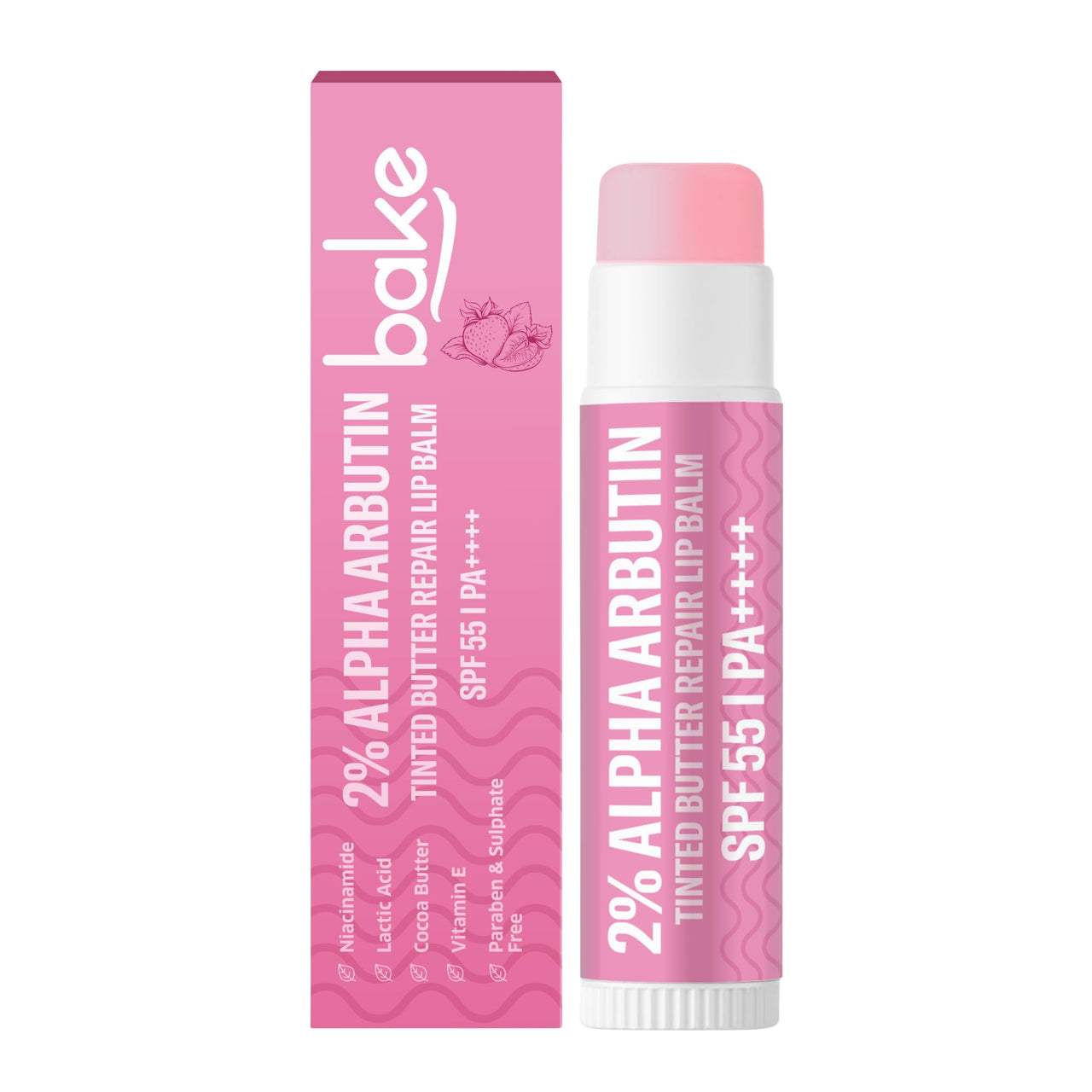 BAKE 2% Alpha Arbutin Tinted Butter Brightening Lip Balm SPF 55 PA++++ with Niacinamide, Lactic Acid | For Dark, Pigmented, Dry & Chapped Lips | Brightens Pigmented Lips | UVA/B Rays Sun Protection - 5g