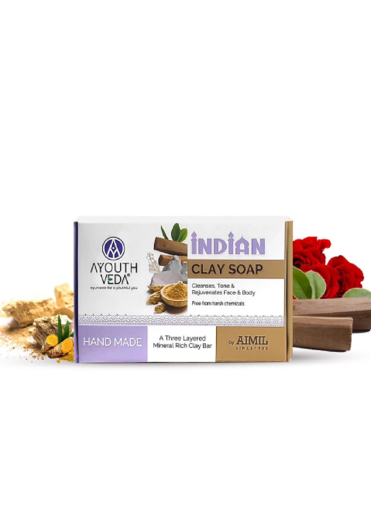 Ayouthveda Handmade Indian Clay Soap | Nourishes Protectes & Hydrates Skin | A Three Layered Mineral Rich Clay Bar| Daily use Bar for Both Men & Women (Pack Of 1-110g)