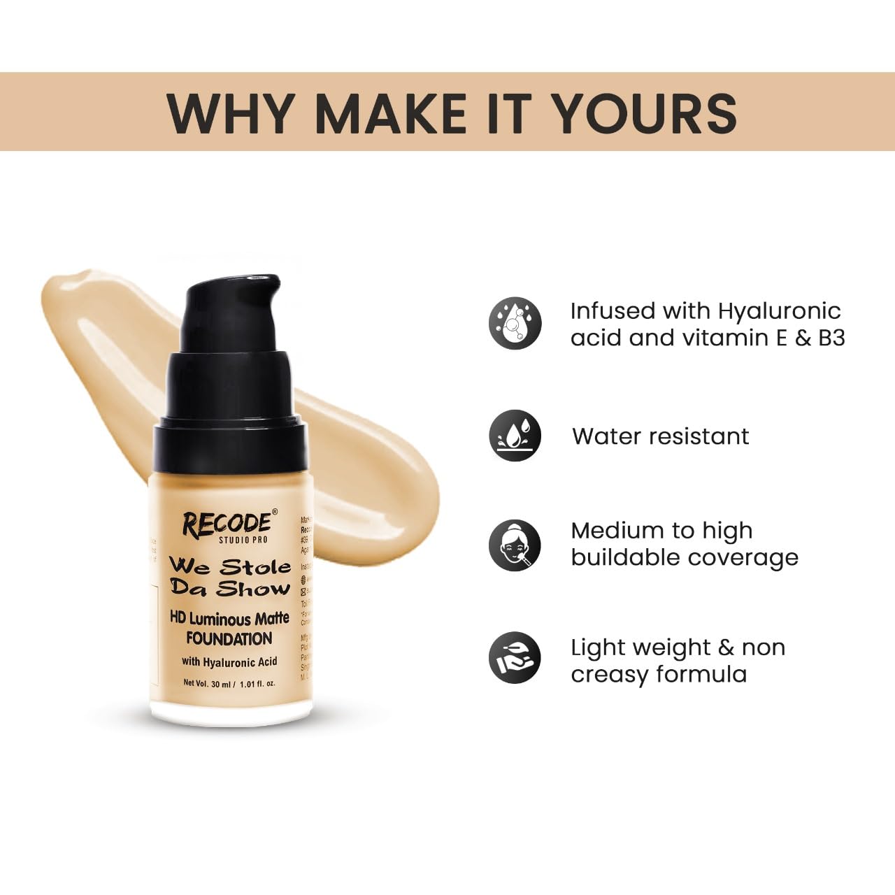 Recode HD Luminous Matte Foundation 30 ML | 02 | BHARAT