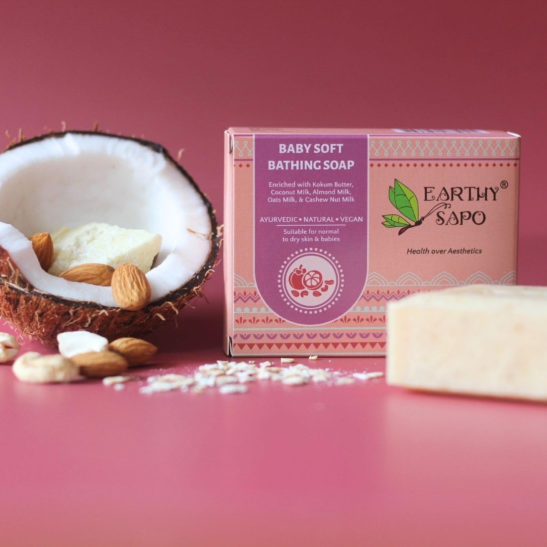 Earthy Sapo Handmade Baby Soft Bathing Soap (Coconut Milk, Almond Milk, Oat Milk, Kokum Butter) 100g, Pack of 1 | Natural, Gentle Bath Soap for Babies Sensitive Skin