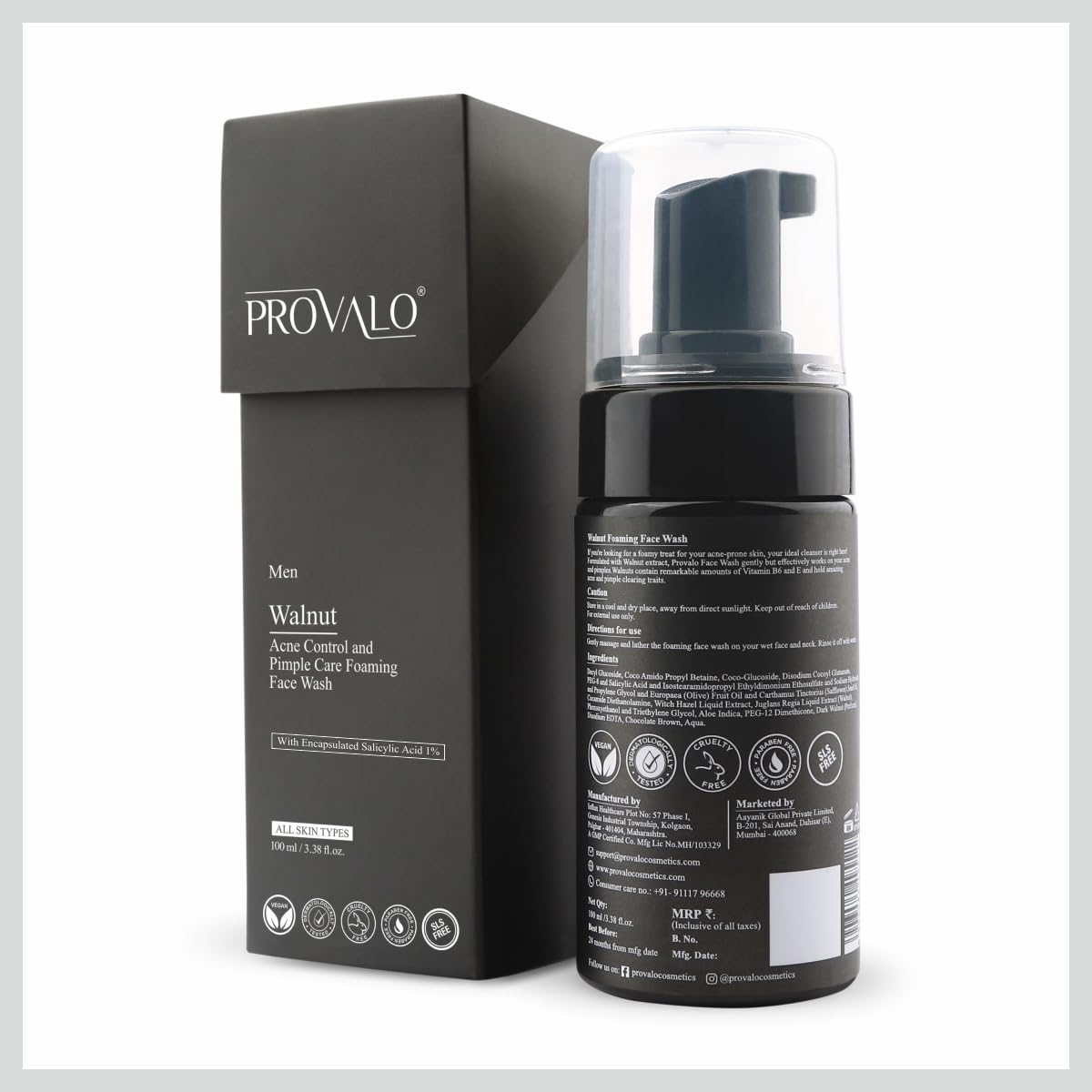 Provalo Men Walnut Foaming Face Wash For Acne And Pimples - 100ML | Skin Brightening and Glowing Skin With Walnut and Salicylic Acid (1%) | Face Wash For Men | For Oily, Acne Prone & Dry Skin