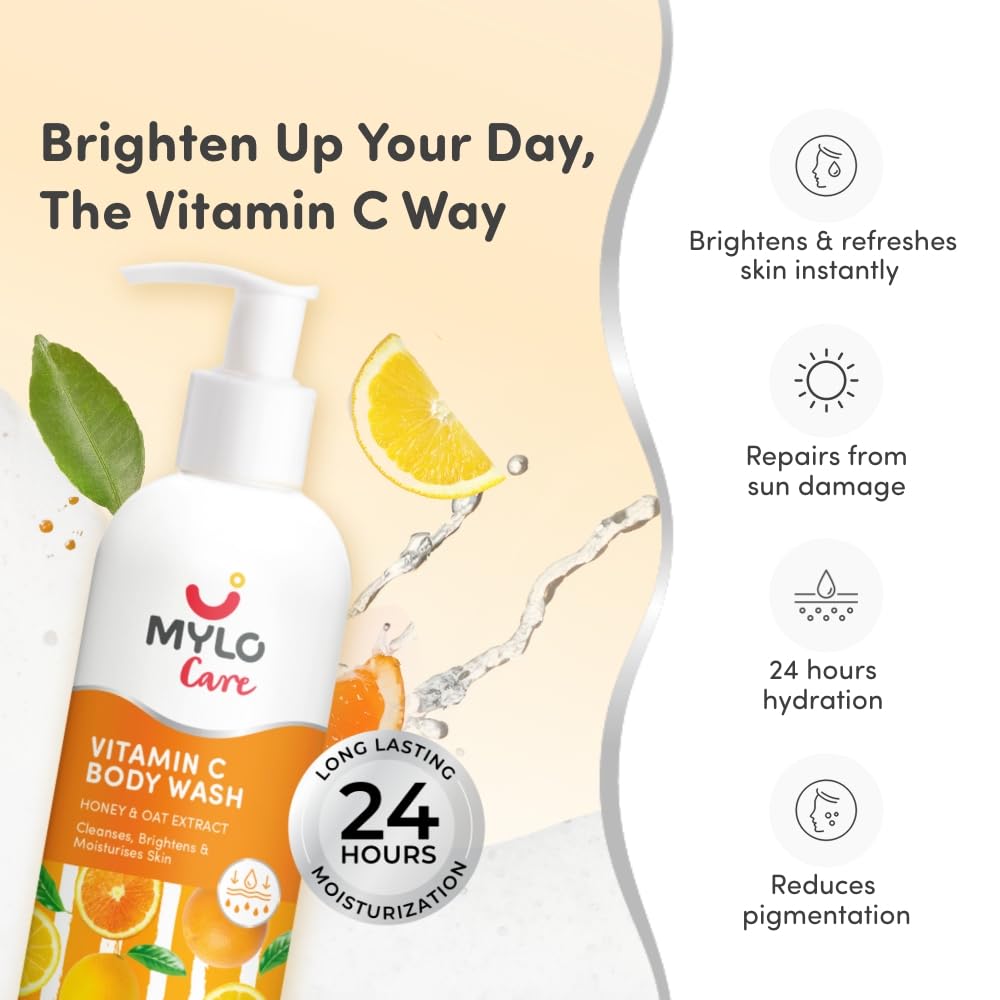 Mylo Care Vitamin C Body Wash with Honey, Oat Extract & Vitamin E for Refreshing & Glowing, Brightens Skin, Repairs from Sun Damage, 24 Hours Hydration 275 ml