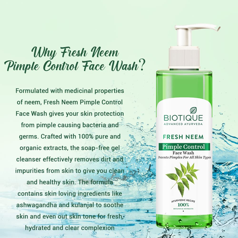 Biotique Fresh Neem Pimple Control Face Wash| Ayurvedic and Organically Pure| Prevents Pimples |100% Botanical Extracts| Suitable for All Skin Types | 200mL (Pack of 3)