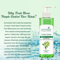 Biotique Fresh Neem Pimple Control Face Wash| Ayurvedic and Organically Pure| Prevents Pimples |100% Botanical Extracts| Suitable for All Skin Types | 200mL (Pack of 3)