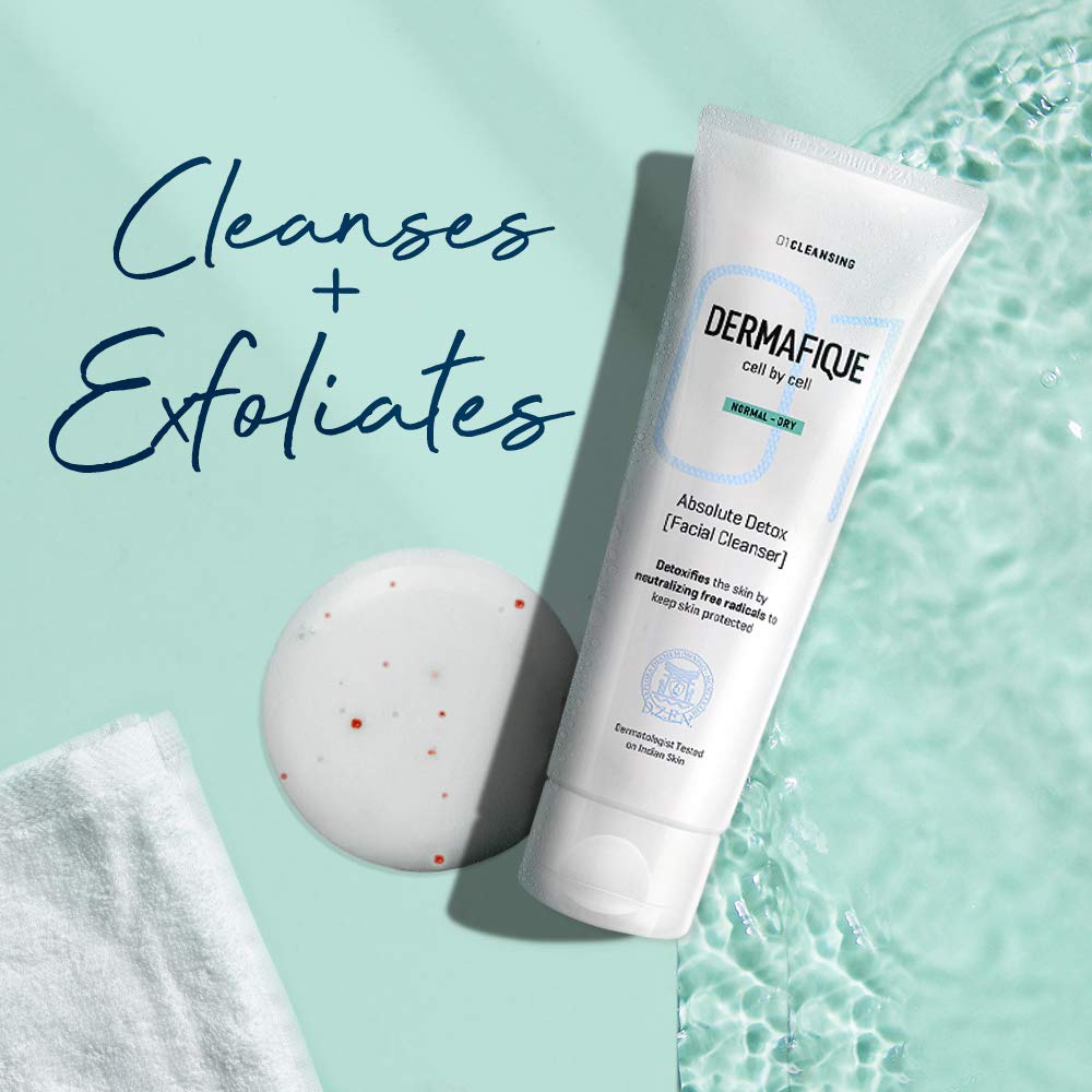 Dermafique Absolute Detox Facial Cleanser – 100ml, with Bio-Active Cellulose Beads, Face Wash Enriched with Vitamin E & Pomegranate Extracts | Soap, Paraben & Alcohol Free | Dermatologist Tested Face Cleanser