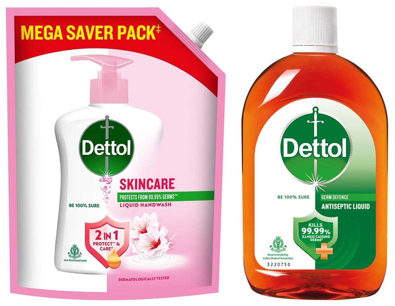 Dettol Antiseptic Liquid for First Aid, Surface Disinfection and Personal Hygiene, 550ml & Dettol Liquid Handwash Refill – Skincare Hand Wash- 1500ml | pH Balanced | 10x Better Germ Protection