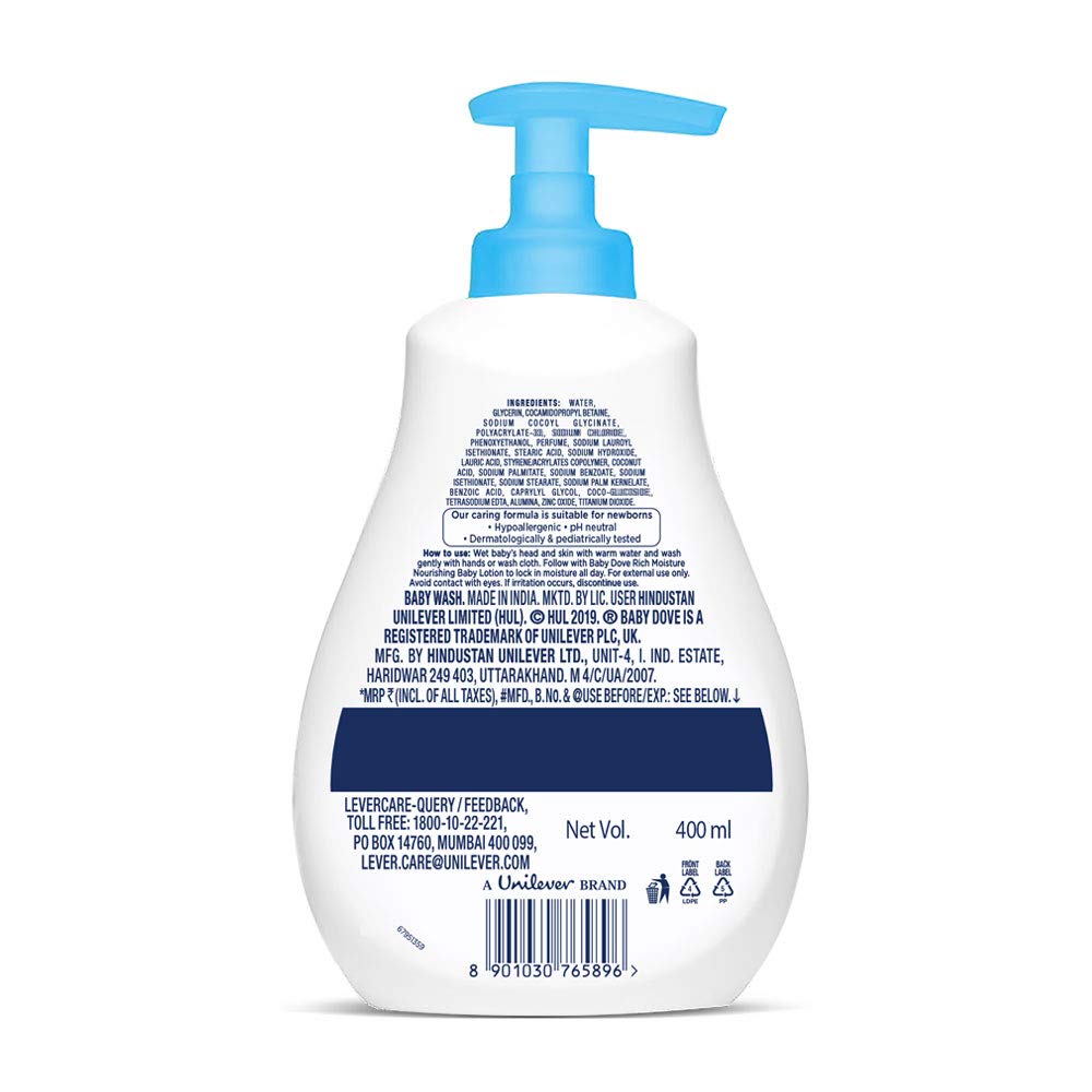 Baby Dove Rich Moisture Hair to Toe Baby Wash, 400 ml & Rich Moisture Nourishing Baby Lotion (200ml) Combo