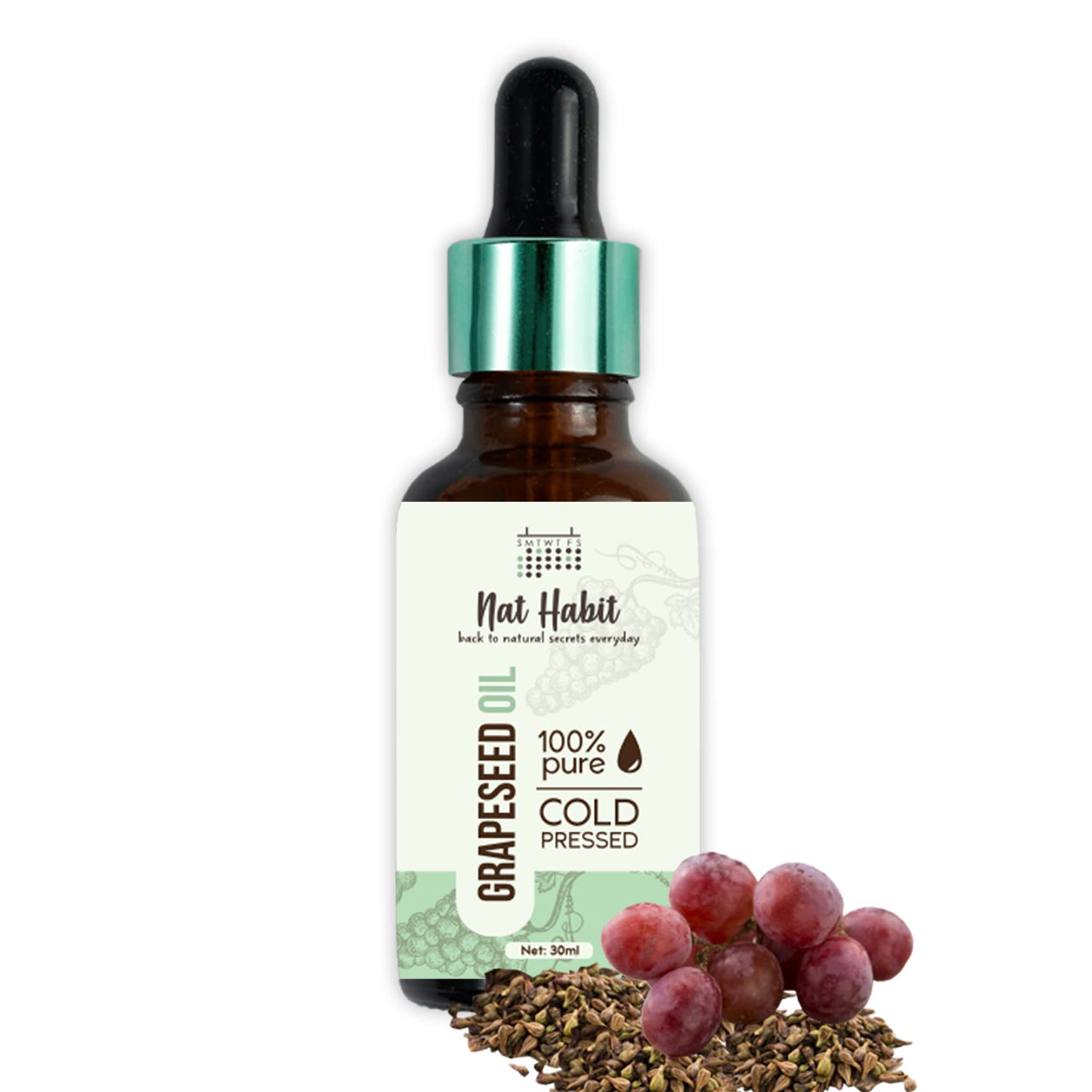 Nat Habit Cold Pressed 100% Pure Oil for Skin & Hair | Fresh from our Ayurvedic Kitchen, Zero Preservatives | Body Massage Oil, Hair Oil (Grapeseed Oil, 30ml)