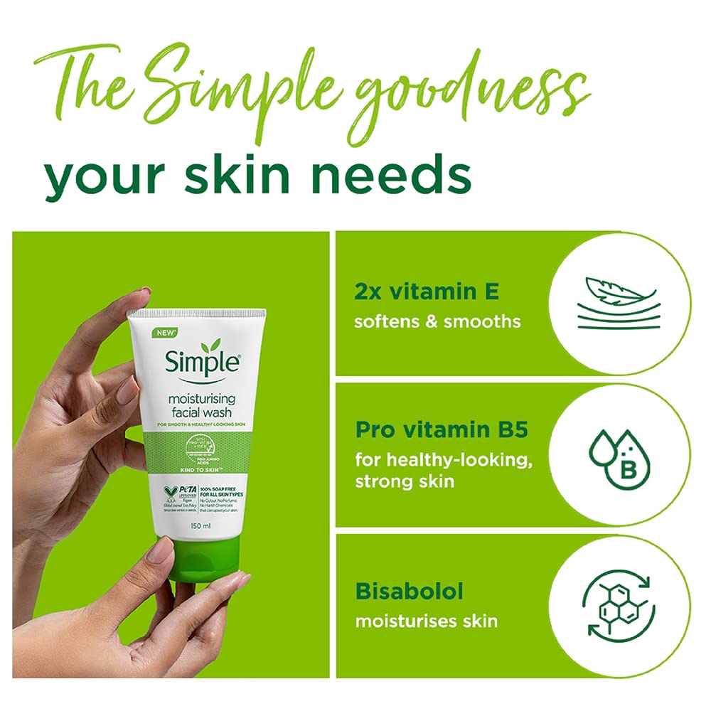 Simple Kind To Skin Moisturising Facial Wash 150 ml for normal to dry skin | 100% soap-free gentle cleanser for women & men
