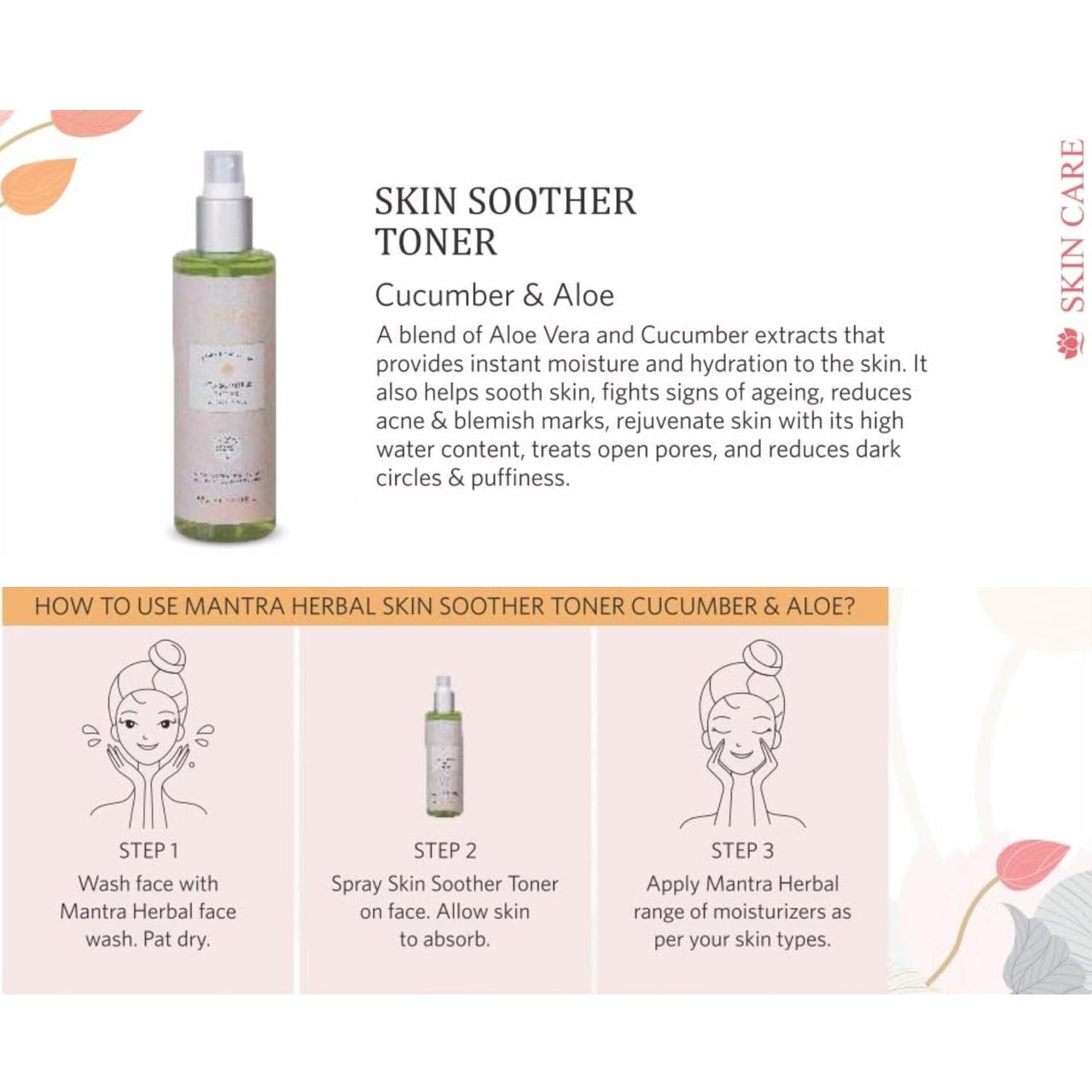 Mantra Herbal Skin Soother Toner with Cucumber & Aloe Vera – Hydrating, Soothing, Anti-Aging, Reduces Acne & Pores - 250ml