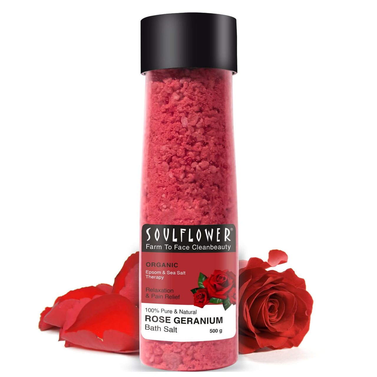 Soulflower Epsom Bath Salt Rose Geranium | Foot, Body, Muscle Aches, Pain Relief | Relaxing | Moisturised, Soft, Hydrated Skin | Vitamin E, Rose & Geranium Oils | Pure & Natural | 500g (Pack of 1)