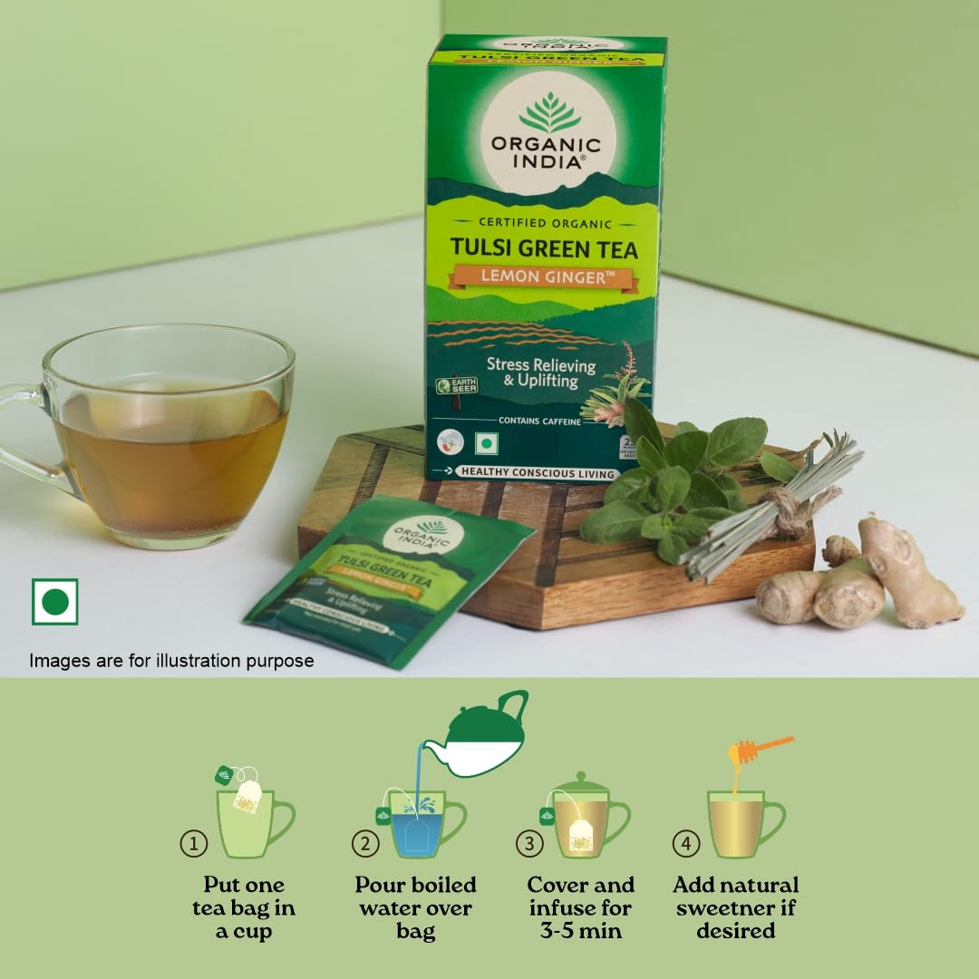 A TATA Product - Organic India Tulsi Green Tea Lemon Ginger - 25 Teabags, Herbal Blend with Green-Tea, Tulsi, Lemon & Ginger, Supports Digestion, Refreshing Taste, Natural Ingredients