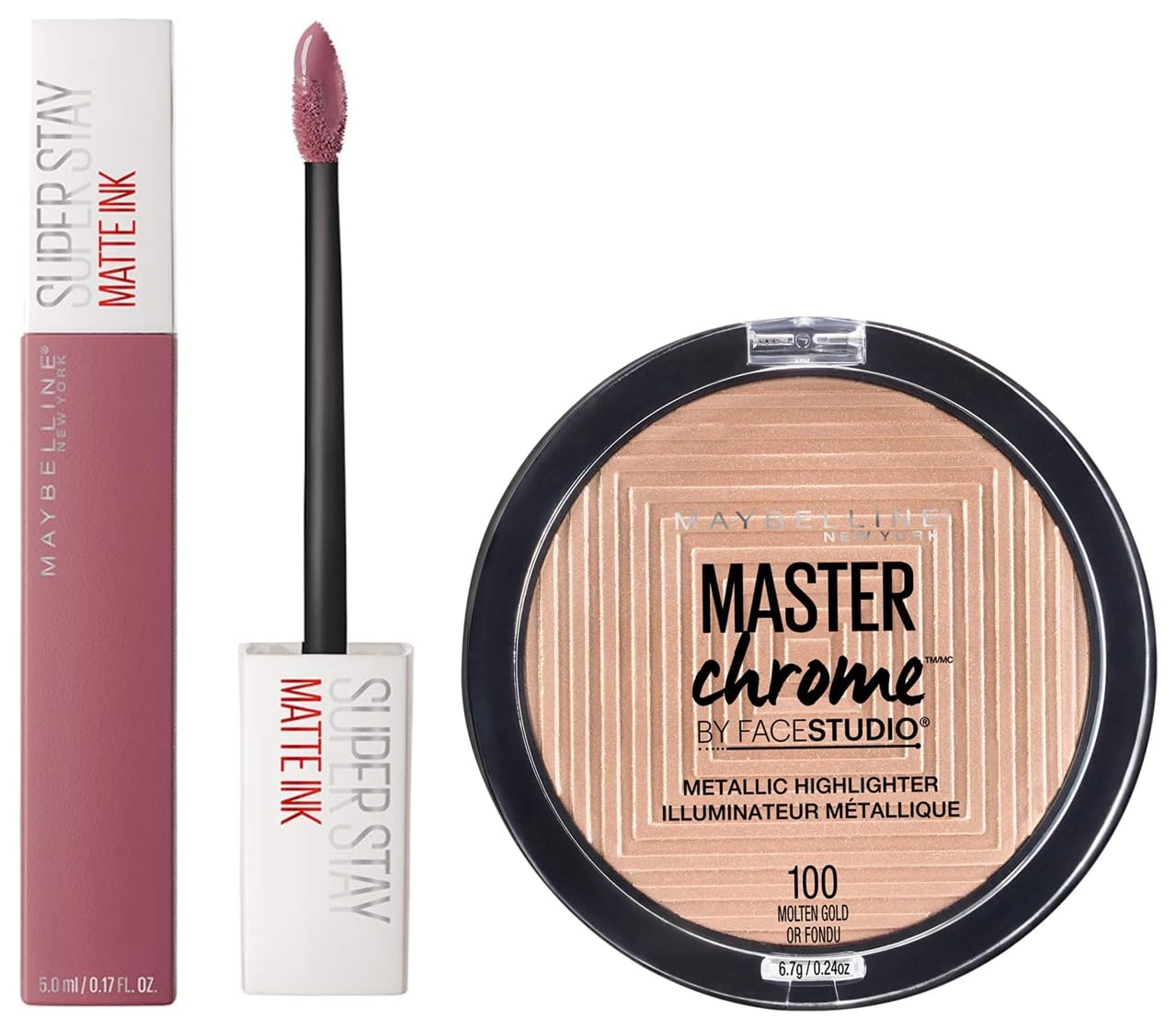 Maybelline New York Super Stay Matte Ink Liquid Lipstick, 15 Lover, 5ml and Maybelline New York Face Studio Master Chrome Metallic Highlighter, Molten Gold, 6.7g