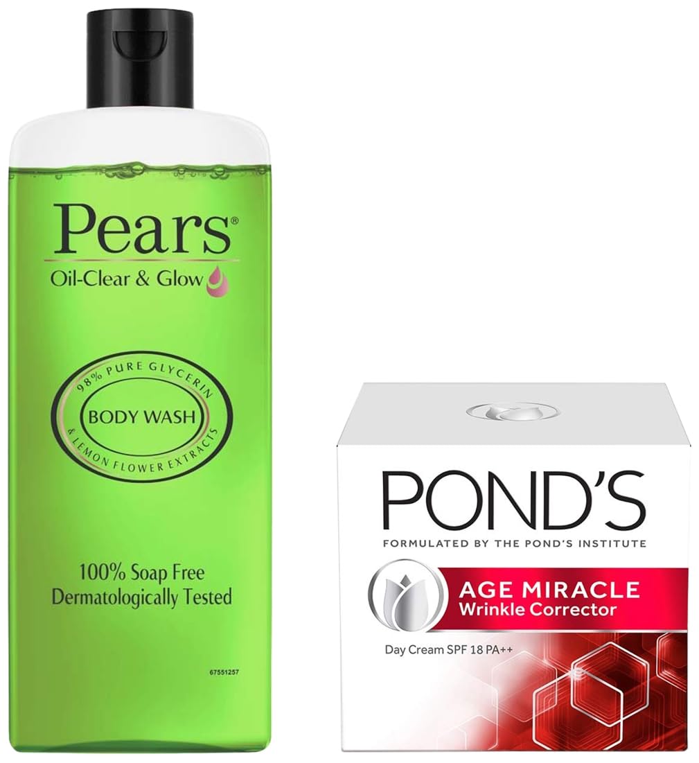 Pears Oil Clear and Glow Shower Gel, 250ml & Ponds Age Miracle Wrinkle Corrector Day Cream SPF 18 PA++ 20g