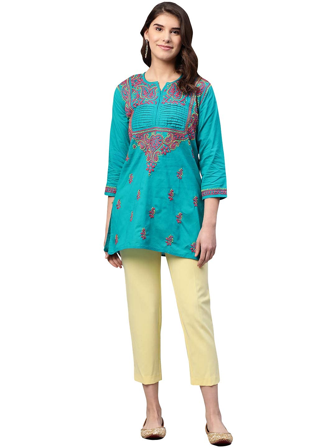 Ada Women's  Cotton Top Hand Embroidered Lucknowi Chikankari Tunic Kurti